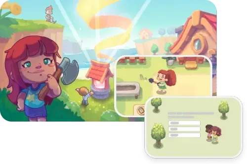 Illustration of a character in the Prodigy English game world, overlaid with tablet screens displaying village gameplay and a dialogue-based question.
