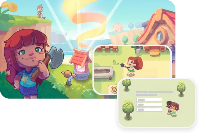 Illustration of a character in the Prodigy English game world, overlaid with tablet screens displaying village gameplay and a dialogue-based question.