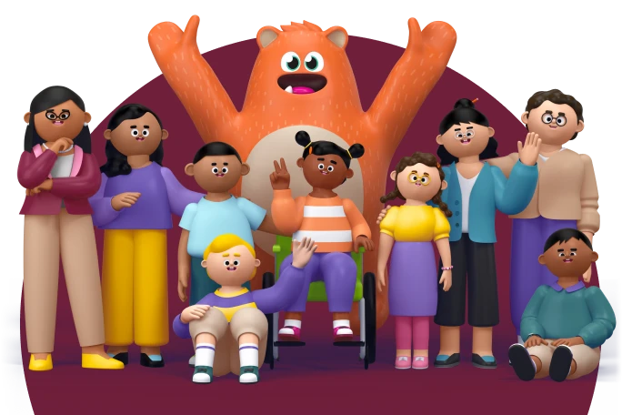 Illustration of a diverse group of students, teachers, and parents standing with the orange Prodigy mascot, Ed.