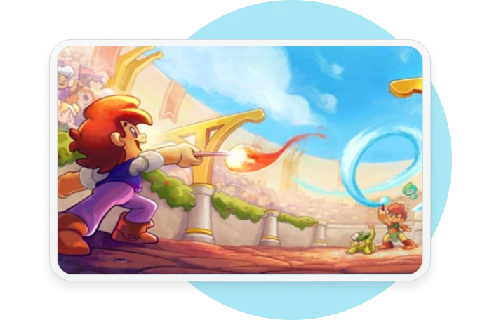 Tablet interface showing illustration of a wizard character casting a magic spell during a battle in the Prodigy Math game.