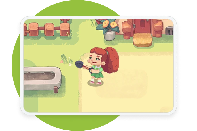 Tablet interface showing an isometric view of a character holding a shovel next to a garden planter in the Prodigy English game world.