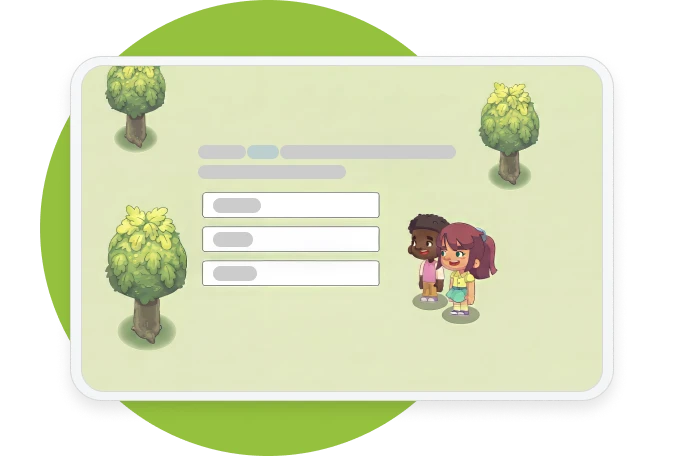 Tablet interface showing an isometric view of the Prodigy English game world with two characters and dialogue options.