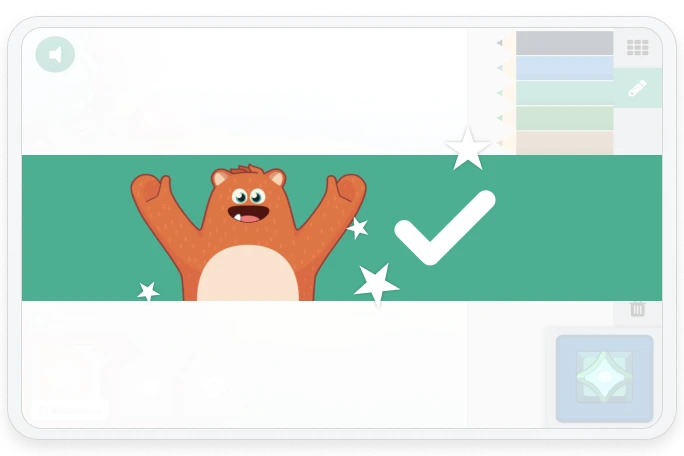 Illustration of a tablet screen displaying a green success band with the orange mascot, Ed, cheering next to a large checkmark to indicate a correct answer.