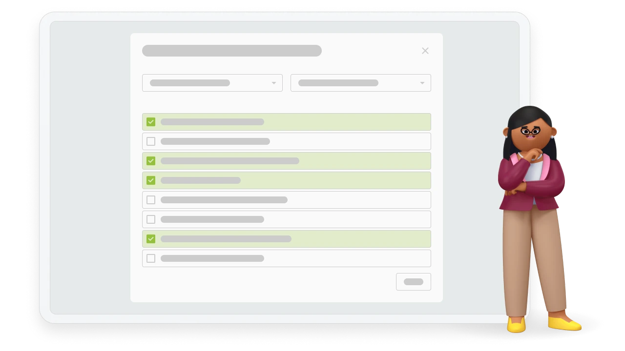 Illustration of a teacher character standing next to an assignment selector interface with a grade level filter and a list of math skills.