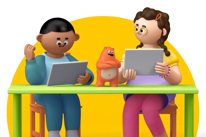 Illustration of two students sitting at a desk using tablets with the orange mascot, Ed, standing between them.