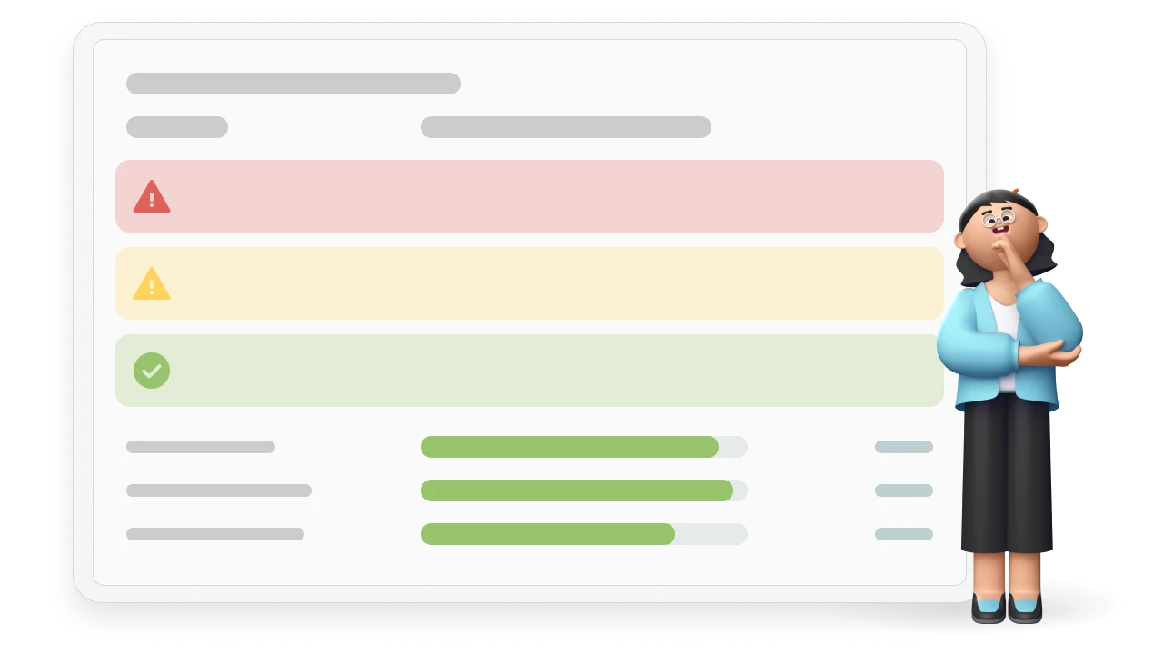 Illustration of a teacher character standing next to an interface showing a detailed breakdown of student performance against grade-level standards.