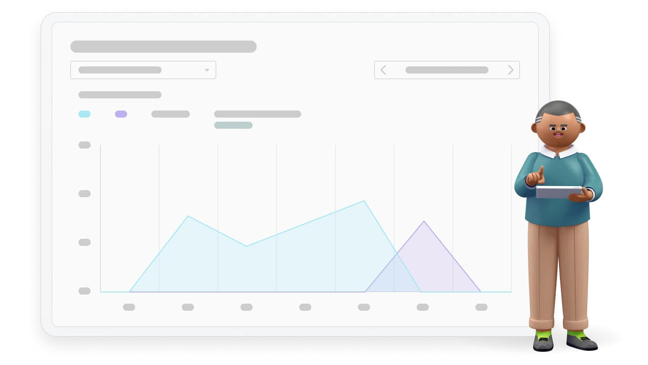 Illustration of a teacher character pointing at a tablet next to a Student Usage Report interface with a graph tracking student activity.