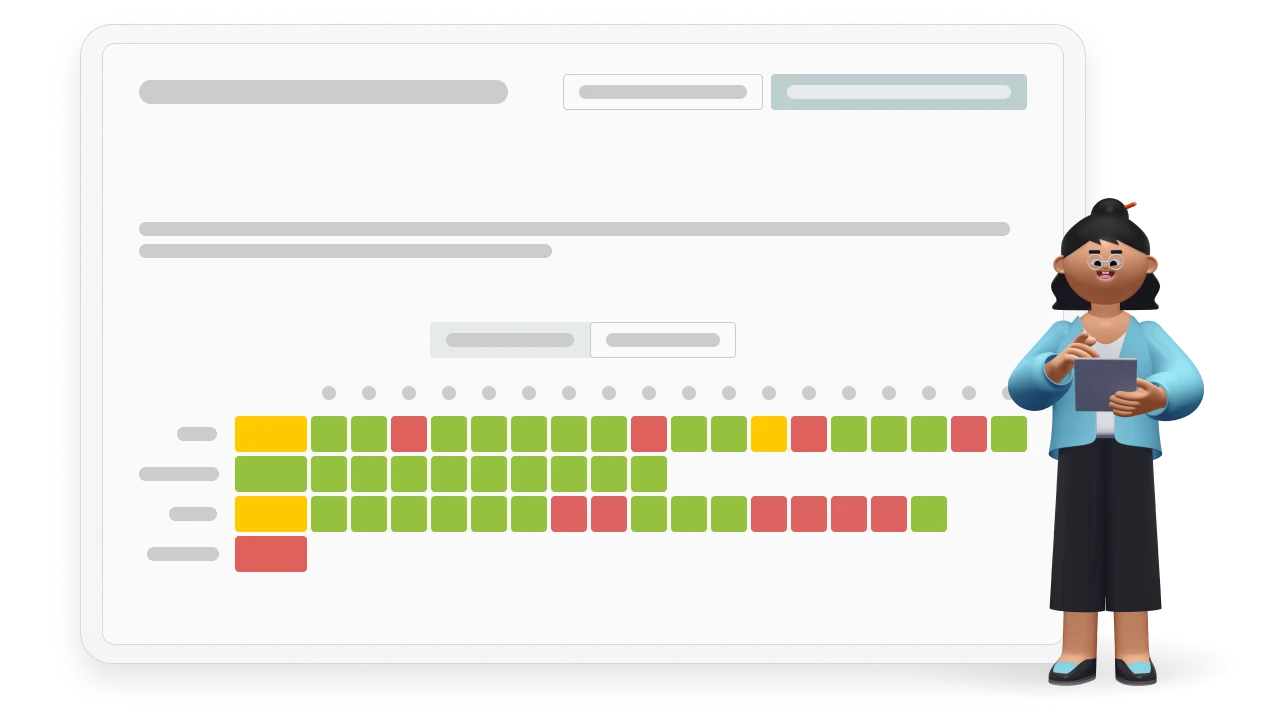 Illustration of a teacher character reviewing an Assignment Report interface showing individual student scores and a colored performance heat map.