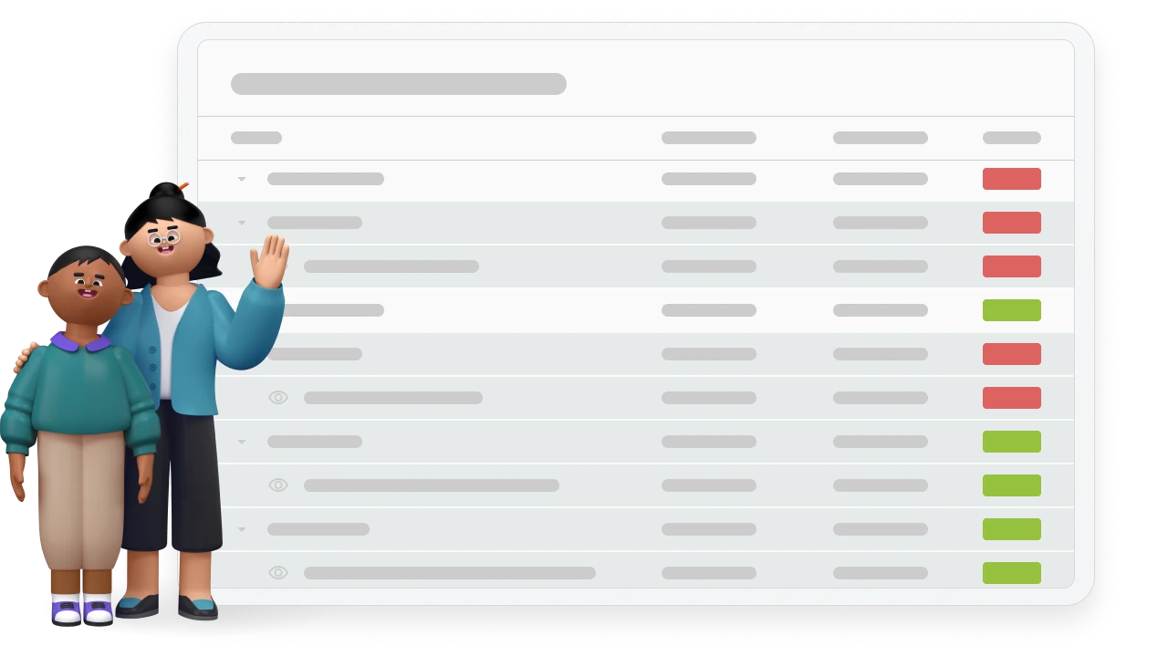 Illustration of a teacher and student standing next to a Comprehension Report interface displaying skill performance with red and green percentage scores.