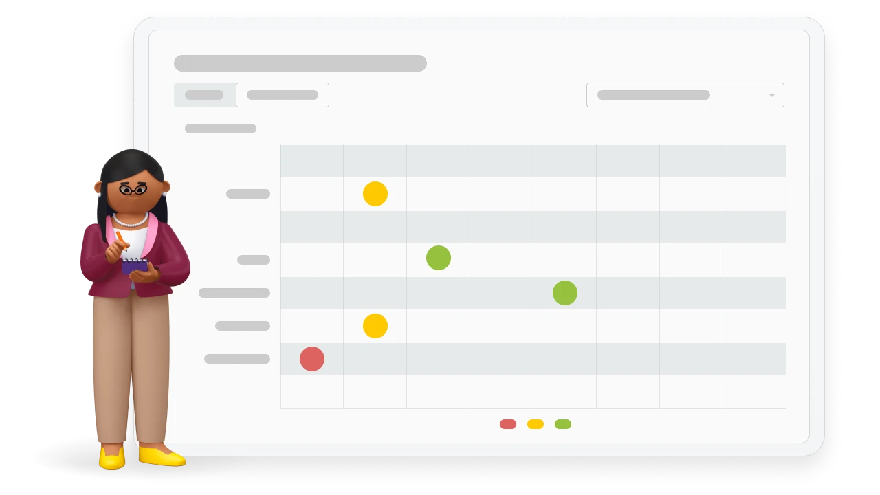 Illustration of a teacher character taking notes next to a Placement Test report interface with data points representing student skill levels.