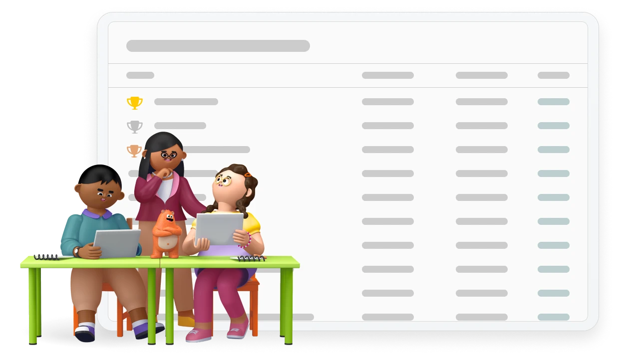 Illustration of a teacher, students, and the mascot Ed gathering next to a Classroom Challenge interface displaying a student leaderboard with trophy icons.