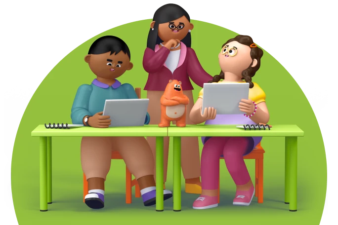 Illustration of a teacher supervising two students working on tablets at a desk with the orange mascot, Ed.