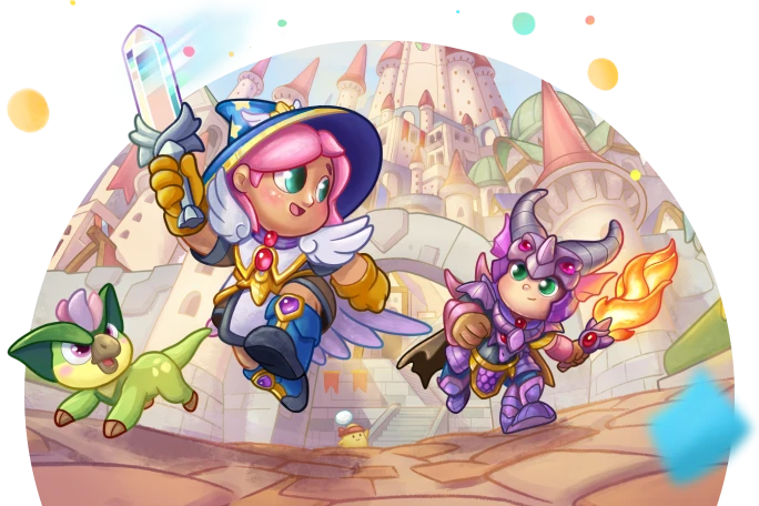 Illustration of two wizard avatars running into an epic adventure with their pet in the Prodigy Math game world.