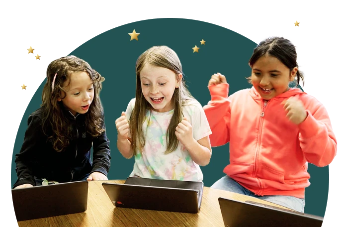Photograph of three young students excitedly cheering and pumping their fists while looking at laptops on a table, set against a starry background.