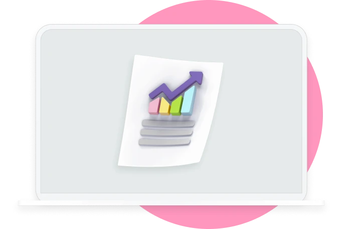 Illustration of a laptop screen displaying a progress report icon with a rising bar graph.