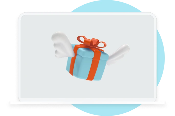 Illustration of a laptop screen displaying a blue gift box with wings and an orange ribbon flying.