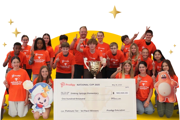 Photograph of a group of students and teachers wearing orange shirts celebrating their victory with a silver trophy and a giant $100,000 check for the Prodigy National Cup.