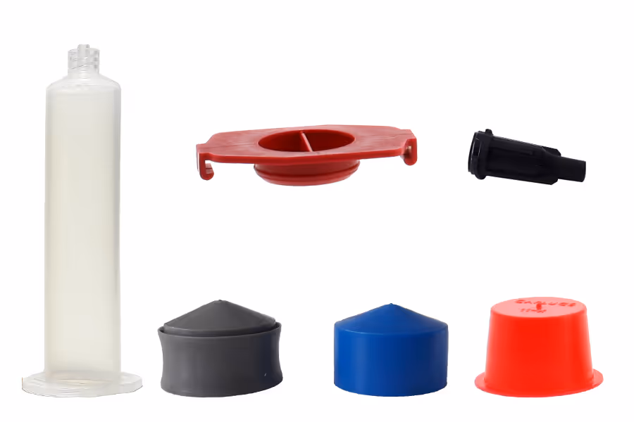 Kartuschen mit Verschlusskappen und Zubehör für Dosiertechnik