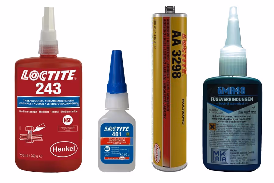 Klebstoffe, Schraubensicherung und Dichtmittel in Flaschen/Kartuschen