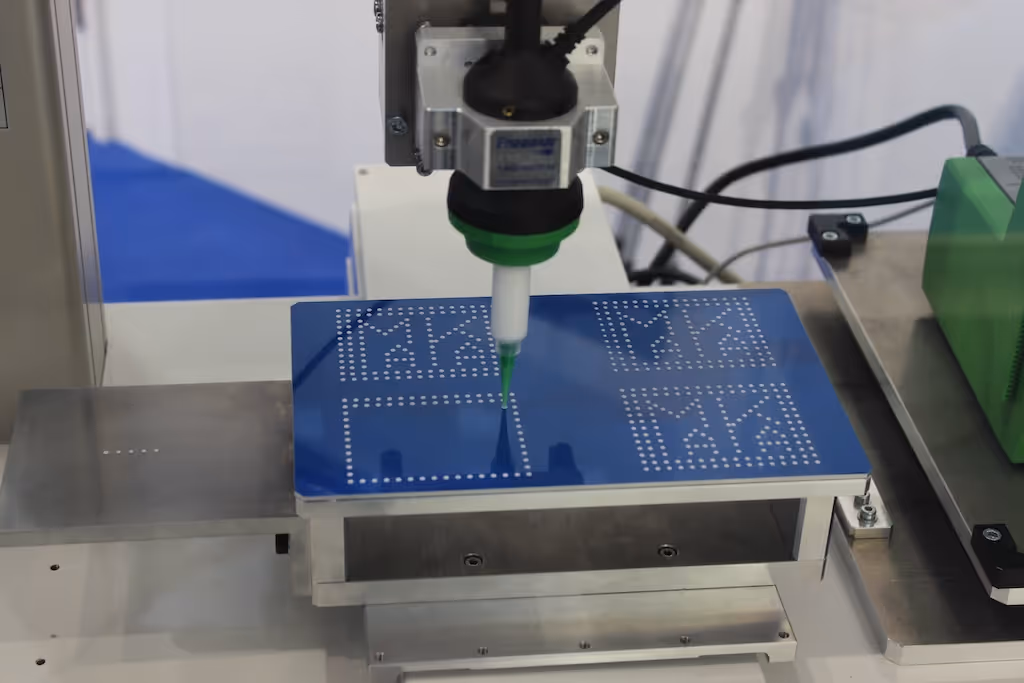 Automatisierte Dosieranlage mit Präzisionsventil und blauen Pneumatikschläuchen