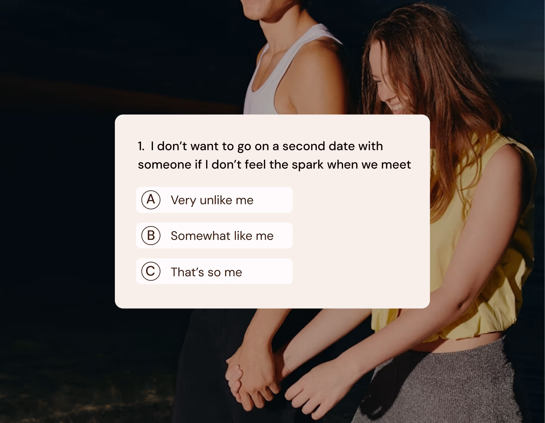 Couple holding hands at night with an overlaid quiz question about not wanting a second date without a spark, offering three answer choices.