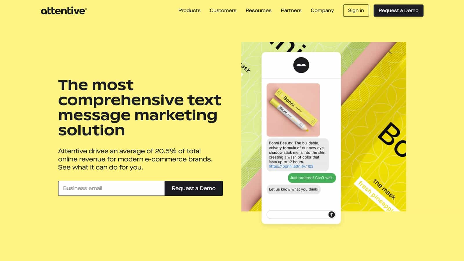 Attentive website screenshot with headline saying The most comprehensive text message marketing solution