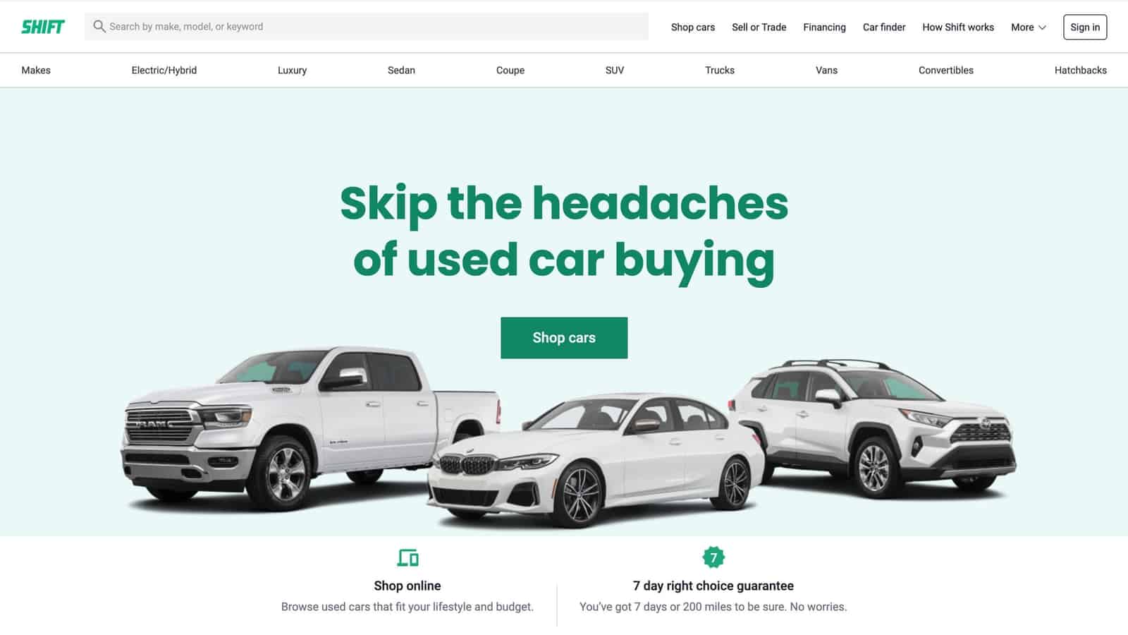 Shift website screenshot with headline saying Skip the headaches of used car buying