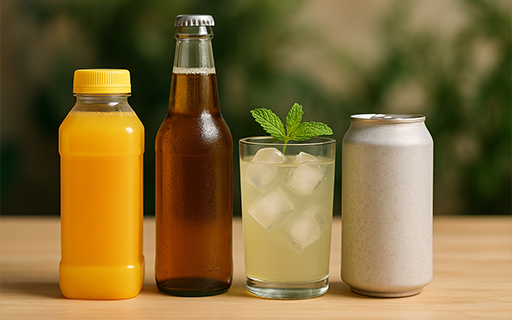 A plastic bottle with yellow-orange liquid, a glass bottle, a drink in a glass cup and an aluminum can with no labels