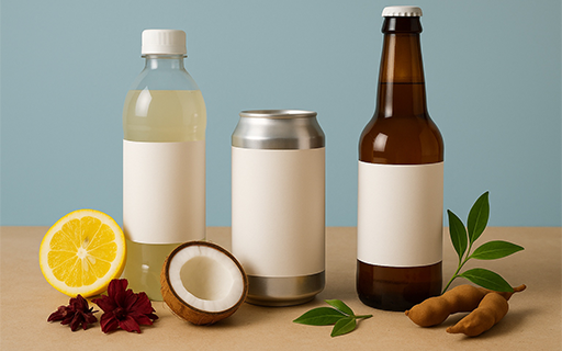 A plastic bottle, aluminum can and glass bottle with white, blank labels surrounded by ingredients