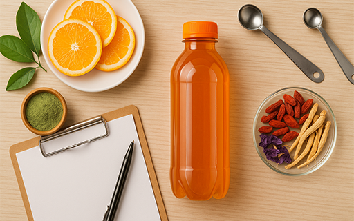A clipboard, various ingredients, spoons and an orange beverage bottle on a table