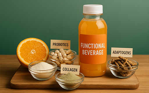 Various beverage ingredients sitting on a wooden tablet surrounding a orange beverage