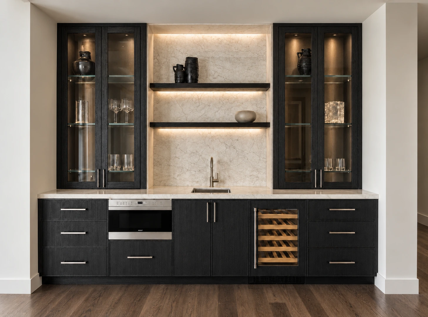 Dark bar cabinetry with lit display shelves and a wine refrigerator