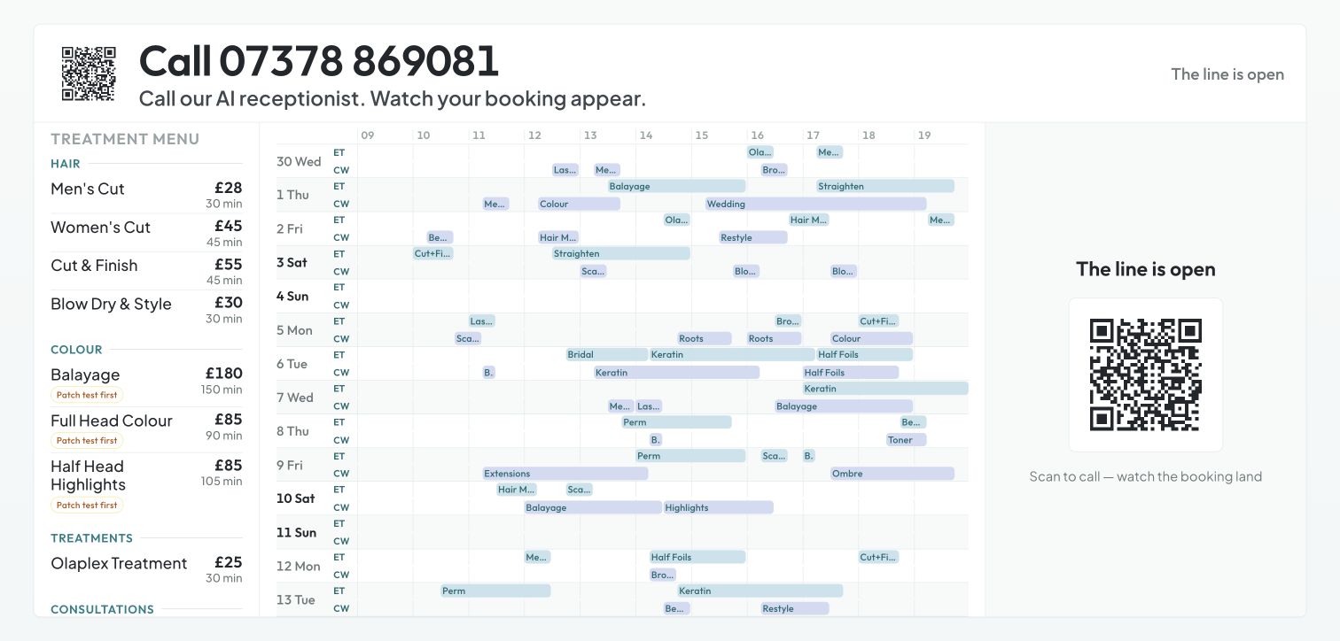 CallPad demo salon appointment diary showing staff calendars and booked appointments