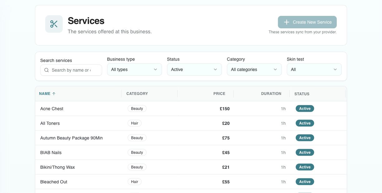 CallPad demo salon service menu with treatment durations and salon service prices
