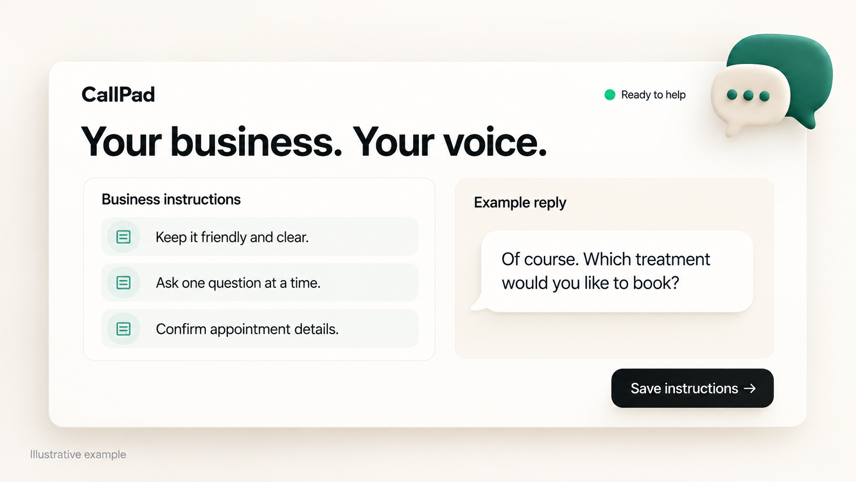 Illustrative CallPad configuration showing business instructions and an example customer reply