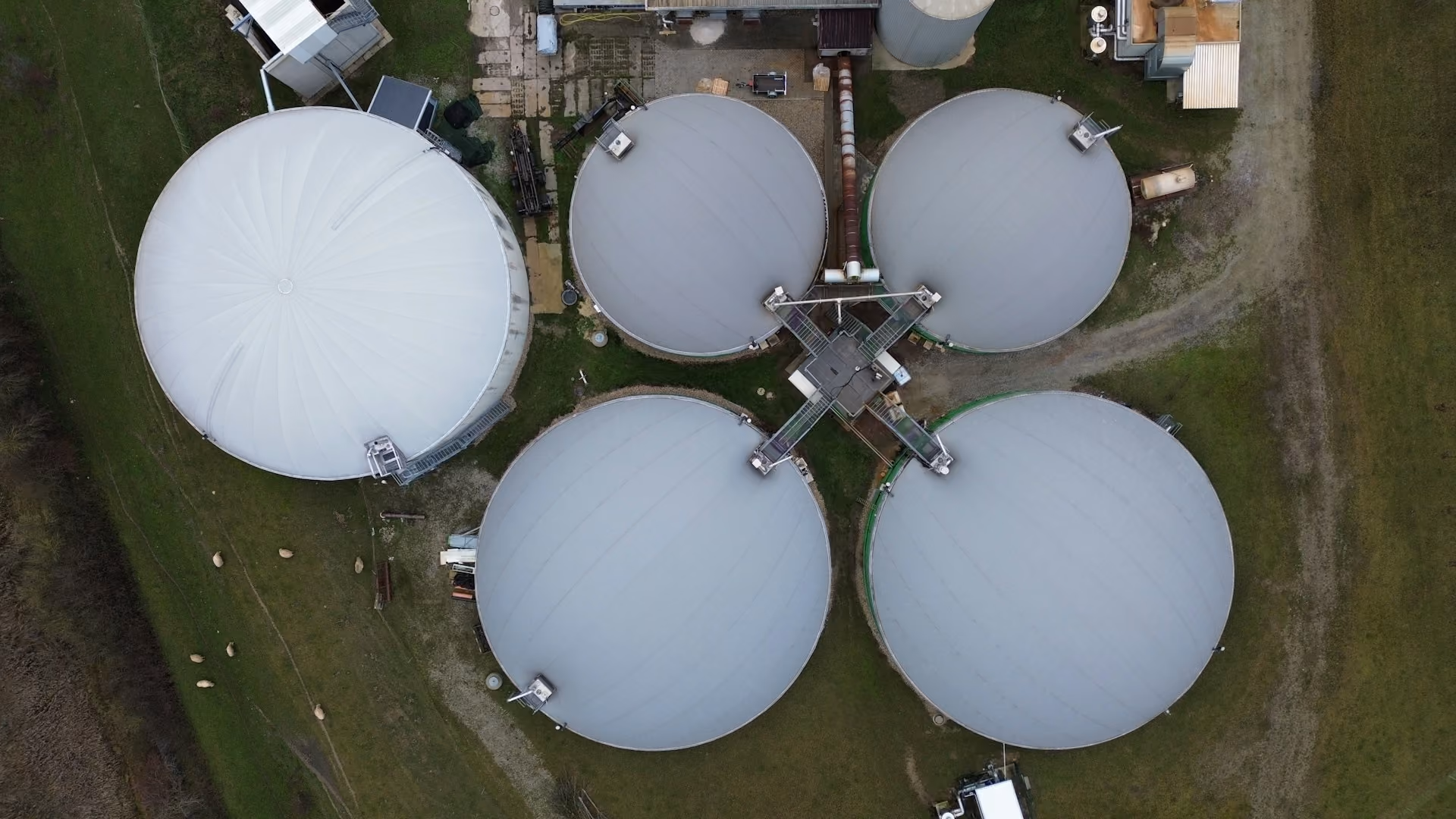 Aerial view of five large round storage tanks on grass with dirt pathways around them.