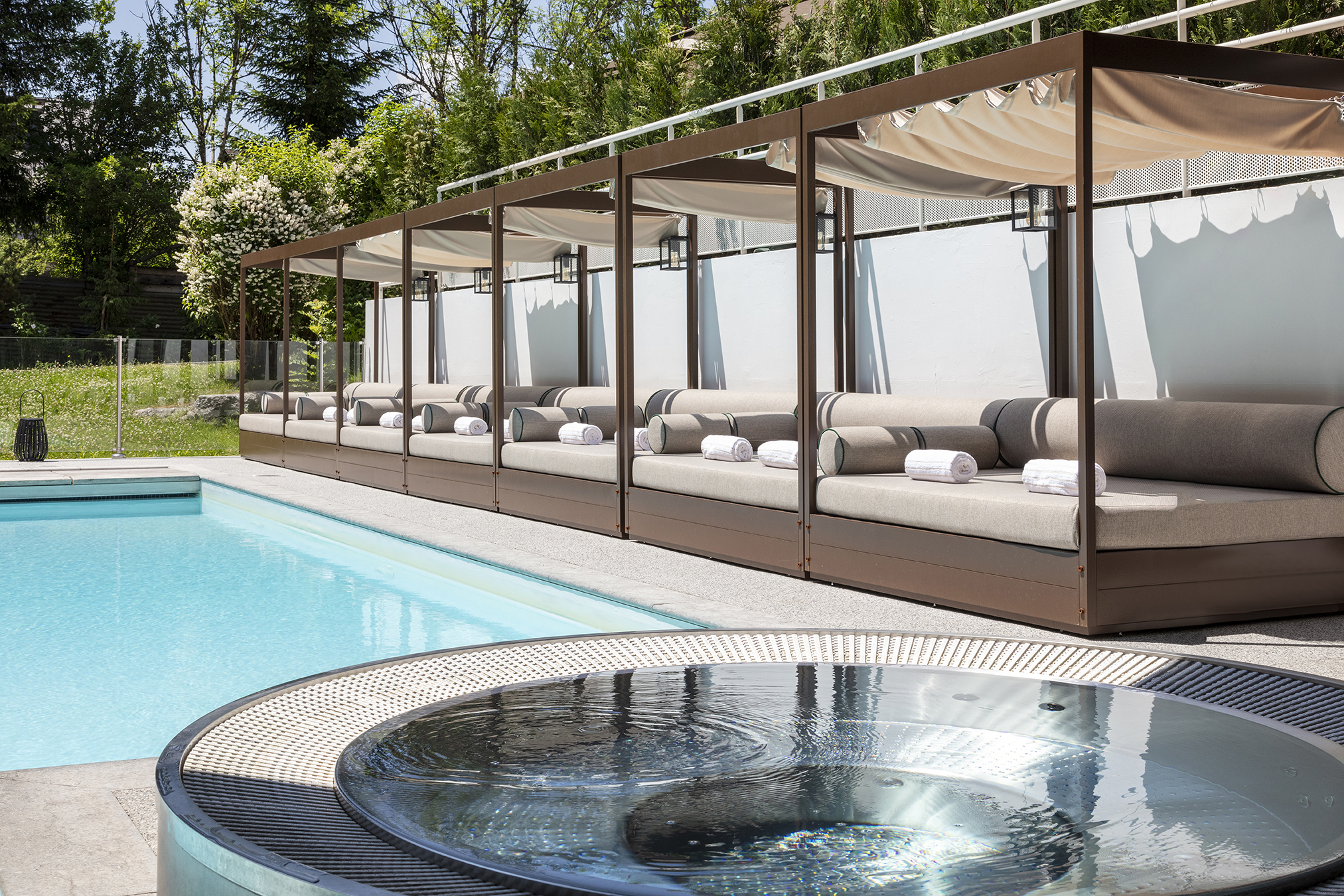Relaxing in a swiming pool in the mountains in Chamonix Mont-Blanc, for a moment of relaxation after skiing