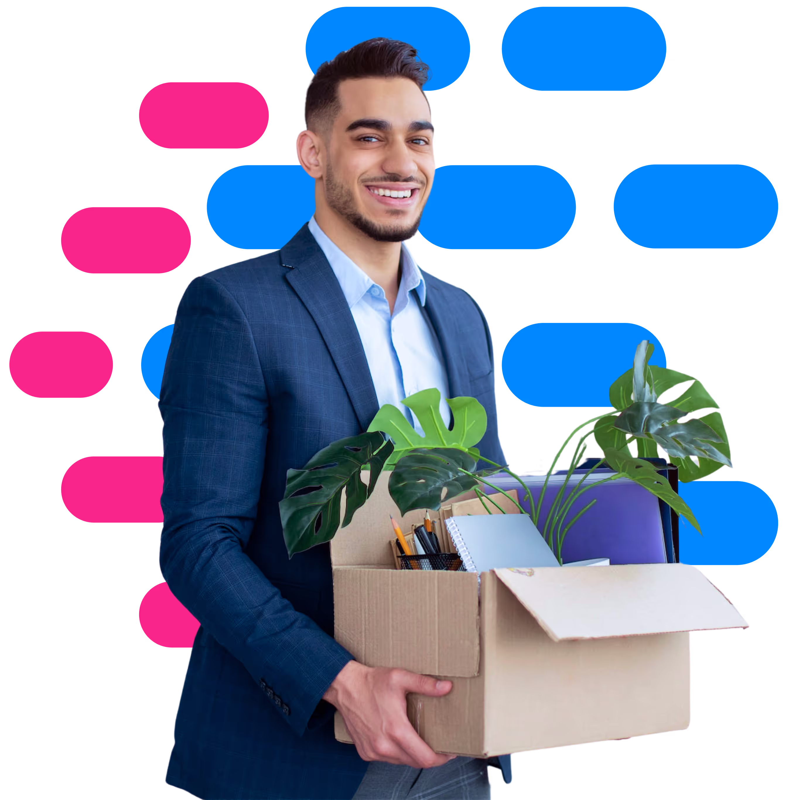 Photo of a young man in a suit, happy, carrying a box of items to be placed on a desk at a new job