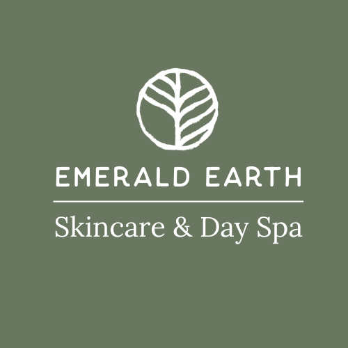 Emerald Earth Skincare & Day Spa logo with a minimalist leaf inside a circle on green background.