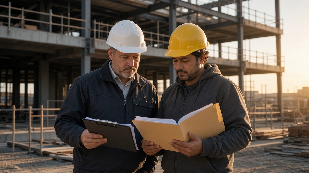 General contractor and subcontractor reviewing certificates on a jobsite.