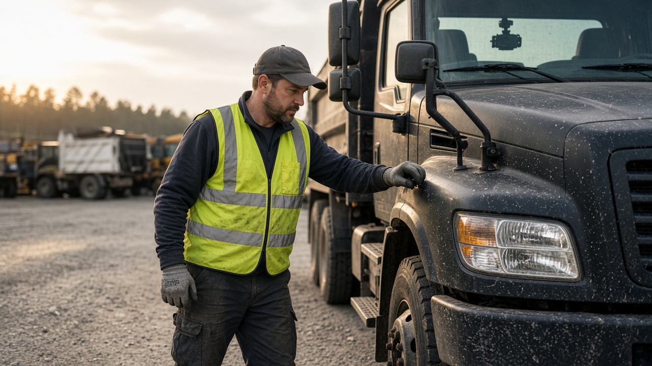 Driver inspecting a work truck before a fleet safety check.