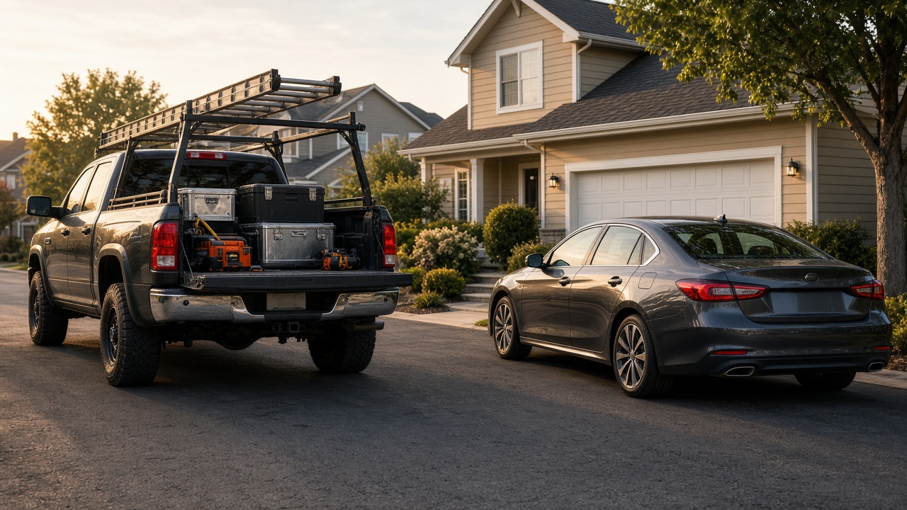 Contractor work truck parked beside a personal car.