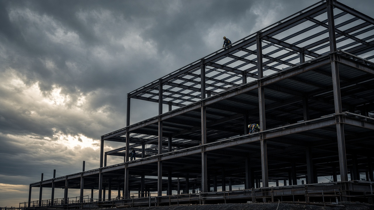 Exposed steel frame of an unfinished commercial building.