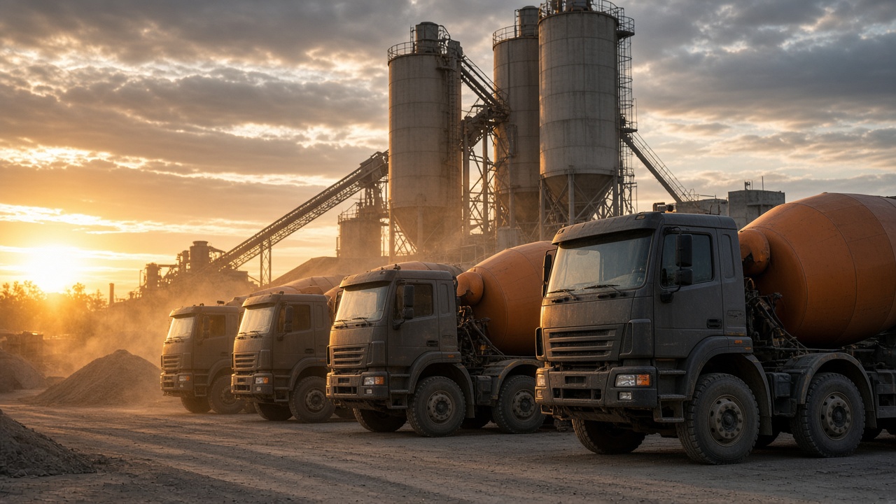 Concrete mixer trucks lined up at a ready-mix plant.
