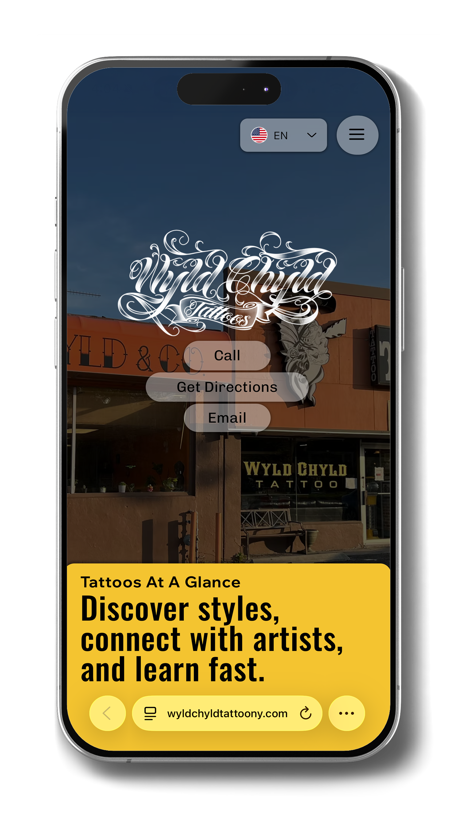 Mobile screen showing Wyld Chyld Tattoos website with call, get directions, and email buttons, and tagline Discover styles, connect with artists, and learn fast.