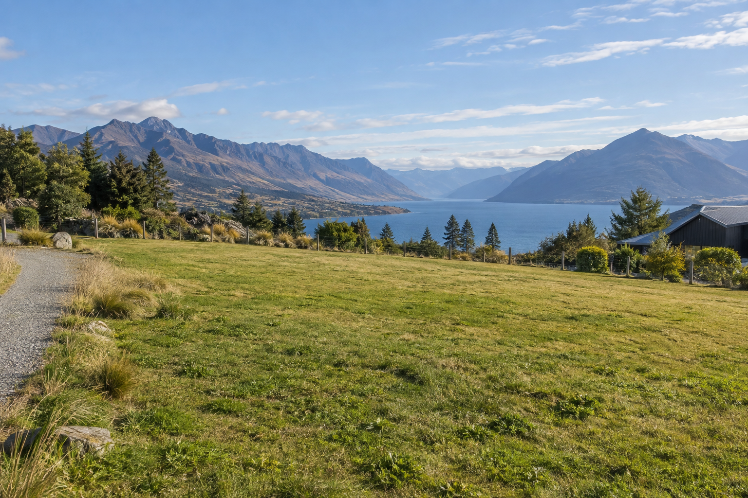 Illustrative sloping Queenstown land overlooking a lake and mountain range.