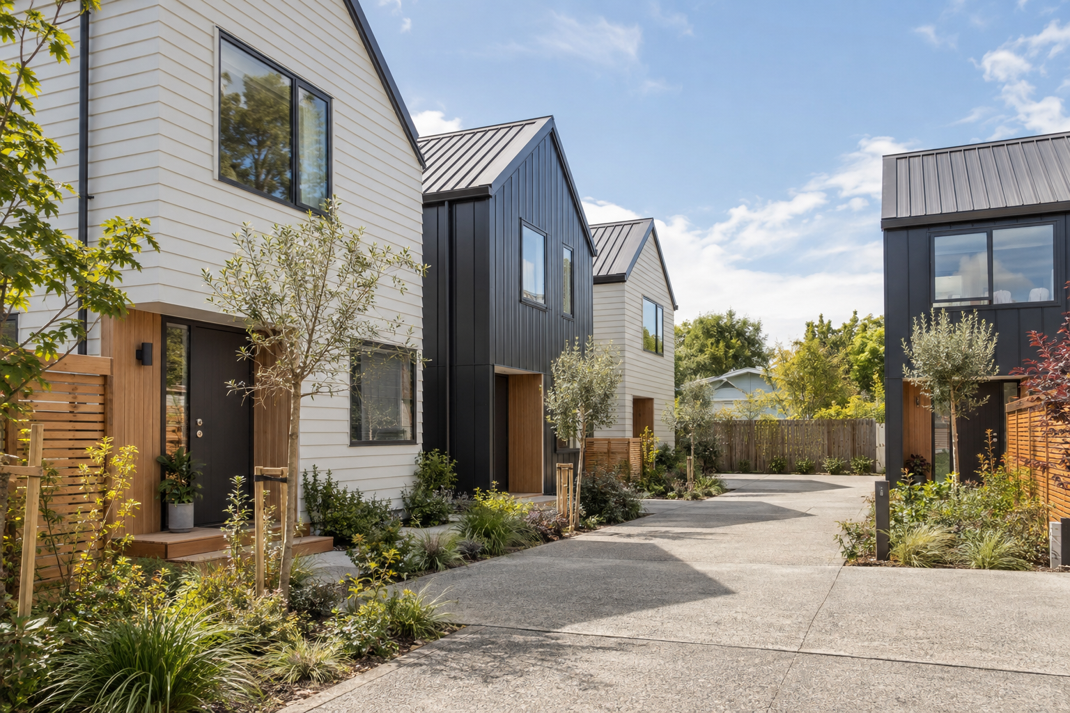 Illustrative contemporary homes alongside shared vehicle access.
