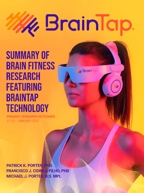BrainTap research poster with person wearing high-tech headset and glasses
