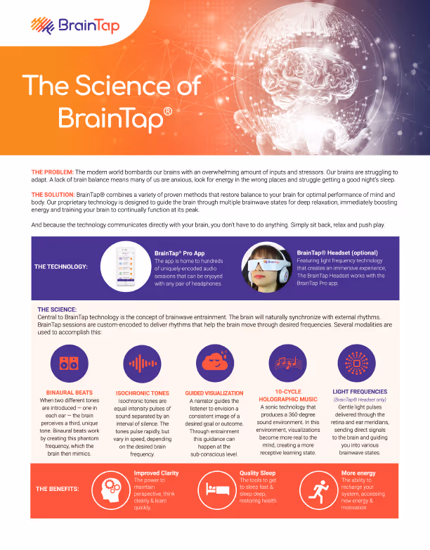 BrainTap technology poster explaining brain relaxation and neuroscience techniques