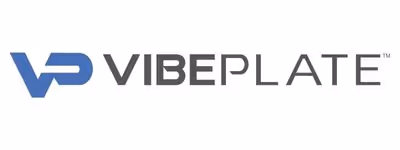 VibePlate logo with blue and gray geometric typography
